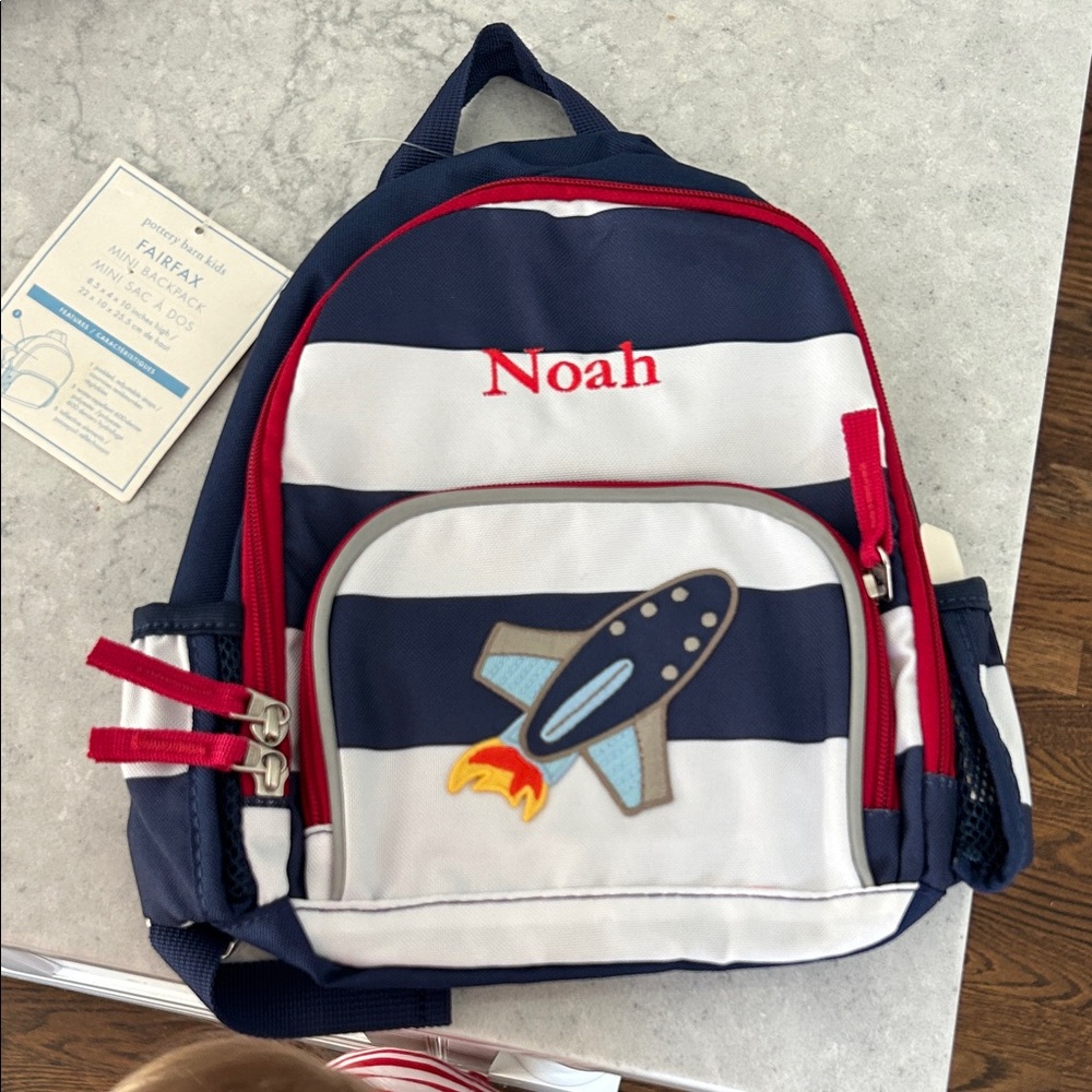 “Noah” name Pottery Barn Kids Navy and White Rocket Backpack